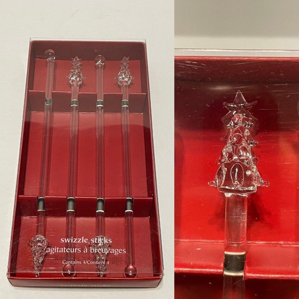 New Vintage Pier One Christmas Tree Glass Swizzle Stir Sticks Drink Bar